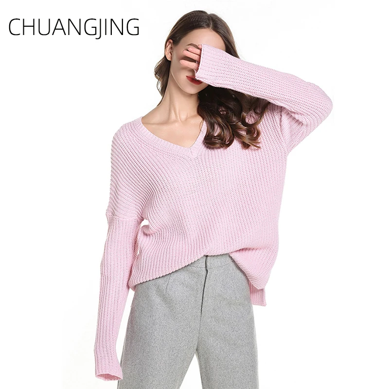 

Casual Knitted Sweater Women Winter Autumn Solid V-neck Long Sleeve Loose Pullovers Plus Size Sweater Ladies Korean Sweater