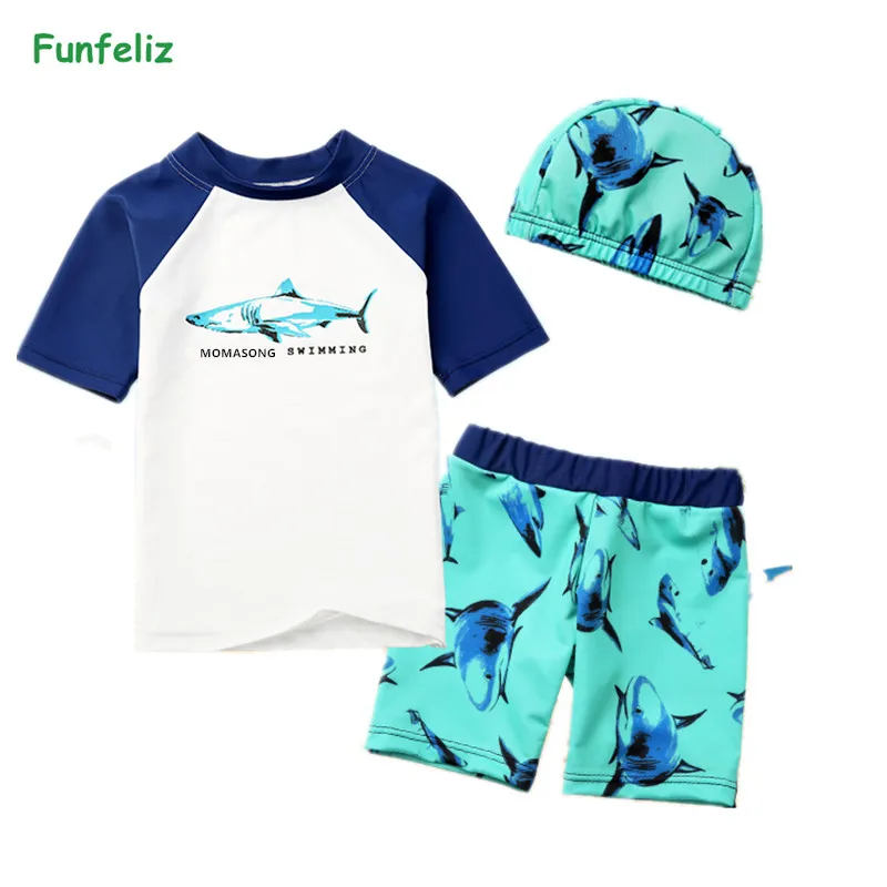 

Funfeliz Boys swimwear Brand New Children's Swimming Trunks with Swimming Cap 2018 Cute Cartoon Kids Split Swimsuit 1-10T
