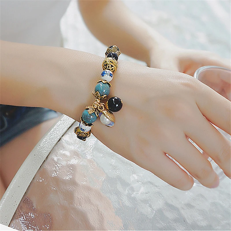 Korean Handmade Original Ceramic Shell Flowers Single Beaded Bracelet