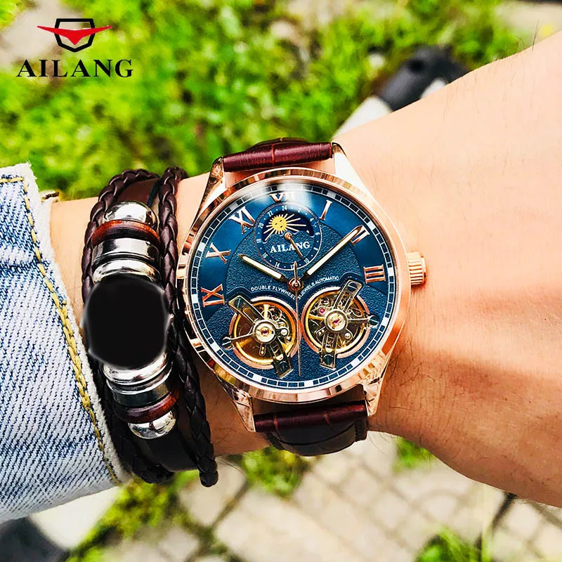 

AILANG Double Tourbillon Automatic Mechanical Men Steel Watch Fashion Luxury Brand Leather Business Watches Relogio Masculino