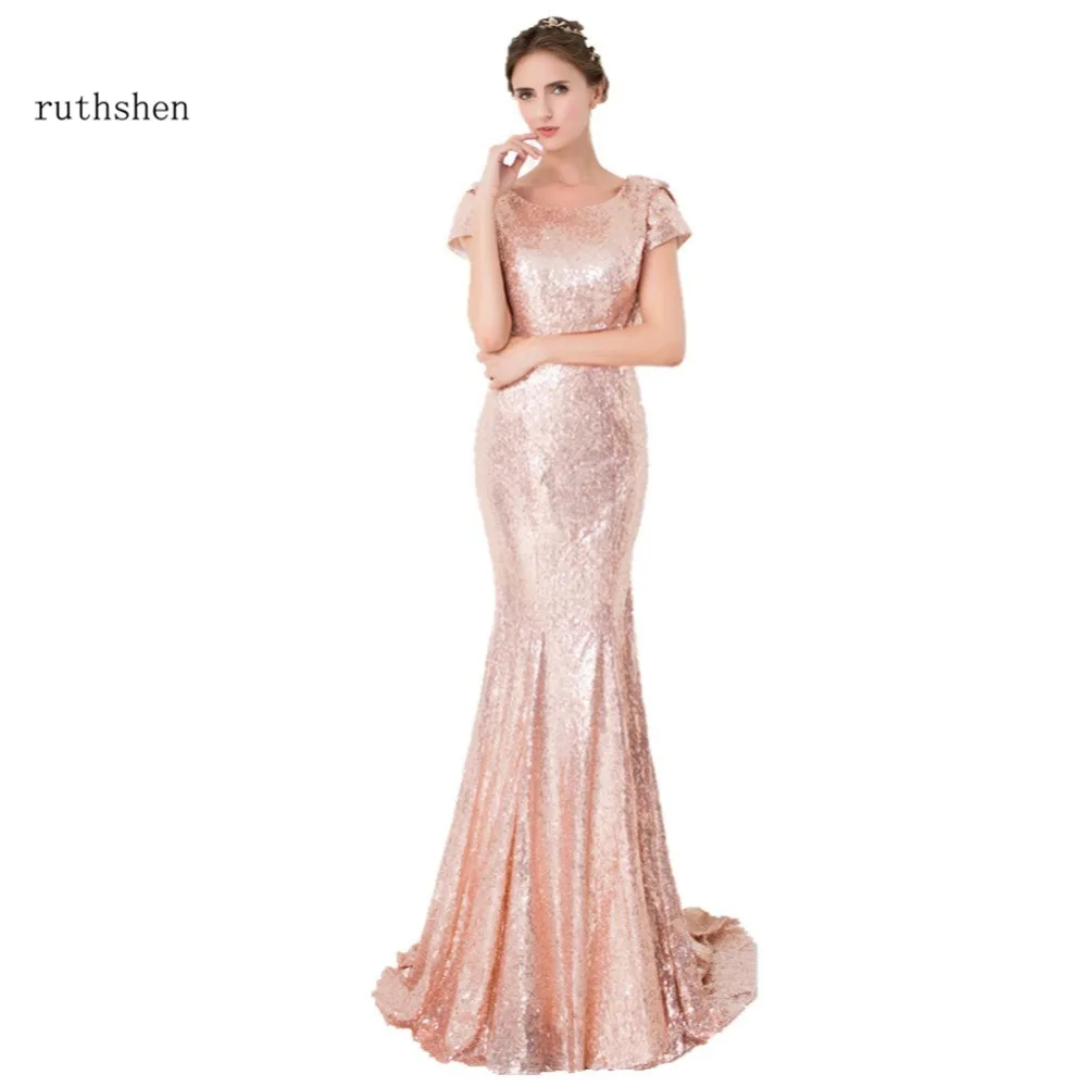 Ruthshen розовое золото, с пайетками платье подружки невесты в стиле русалки с коротким рукавом и открытой спиной Длинные Vestidos De Madrinha дешево