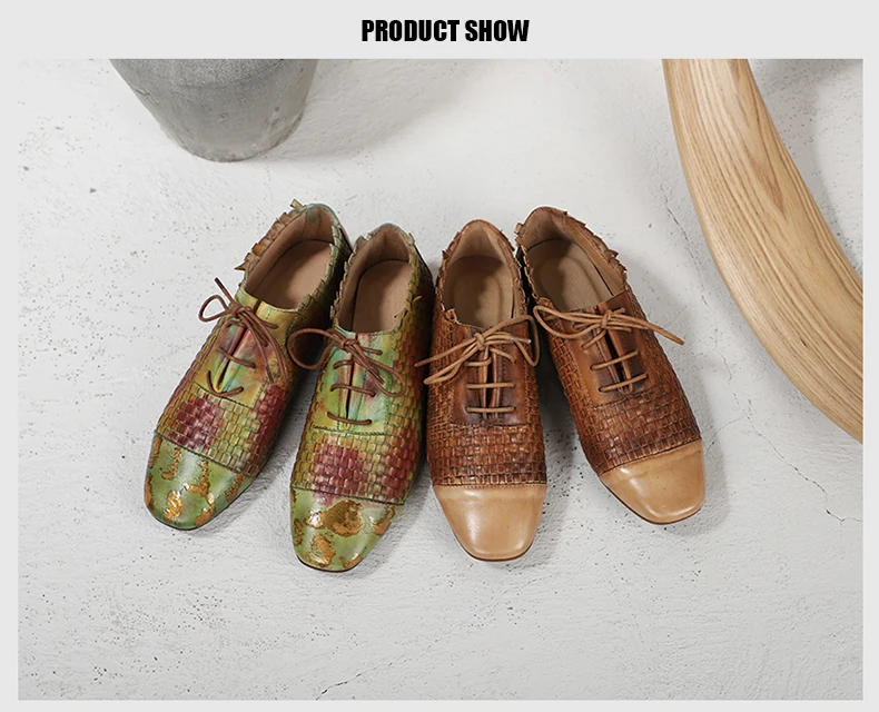 Woven Shoes Woman Latest Design Female Colorful Flat Shoes Hand-Painted Lace-Up Lady Casual Shoes Square Toe Footwear