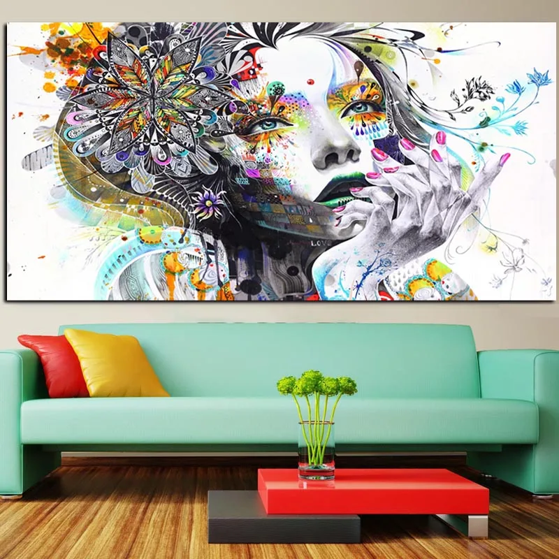 

HD Print Watercolor Girl with Floral Abstract Psychedelic Oil Painting on Canvas Art Wall Modern Unframed for Living Room Decor