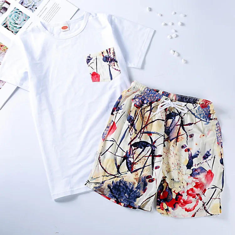 Mommy And Daughter Lotus Printed Dress Daddy Son T shirts And Shorts Family Matching Clothing Set 20
