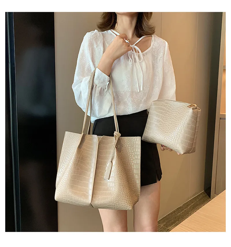 2 Piece Large Women Shoulder Bag Set Ruched Crocodile Alligator Composite Bag Big Capacity Female Handbag Shopping Traveling Bag