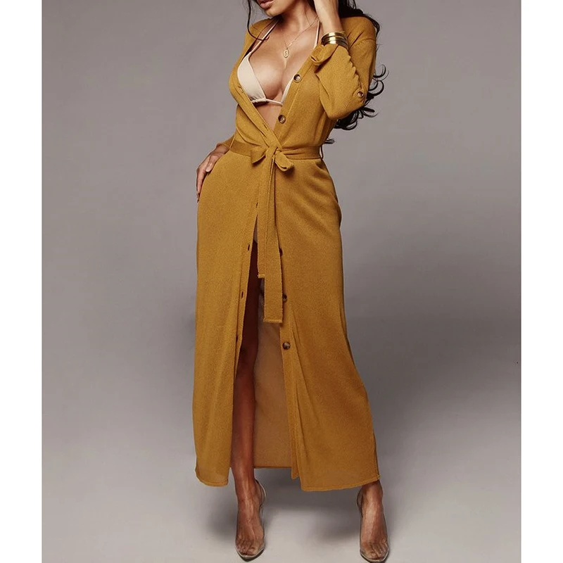 

Sashes long sleeve knitted dress women Solid single breasted maxi dress Autumn 2019 open stitch v neck robe femme sexy vestidos