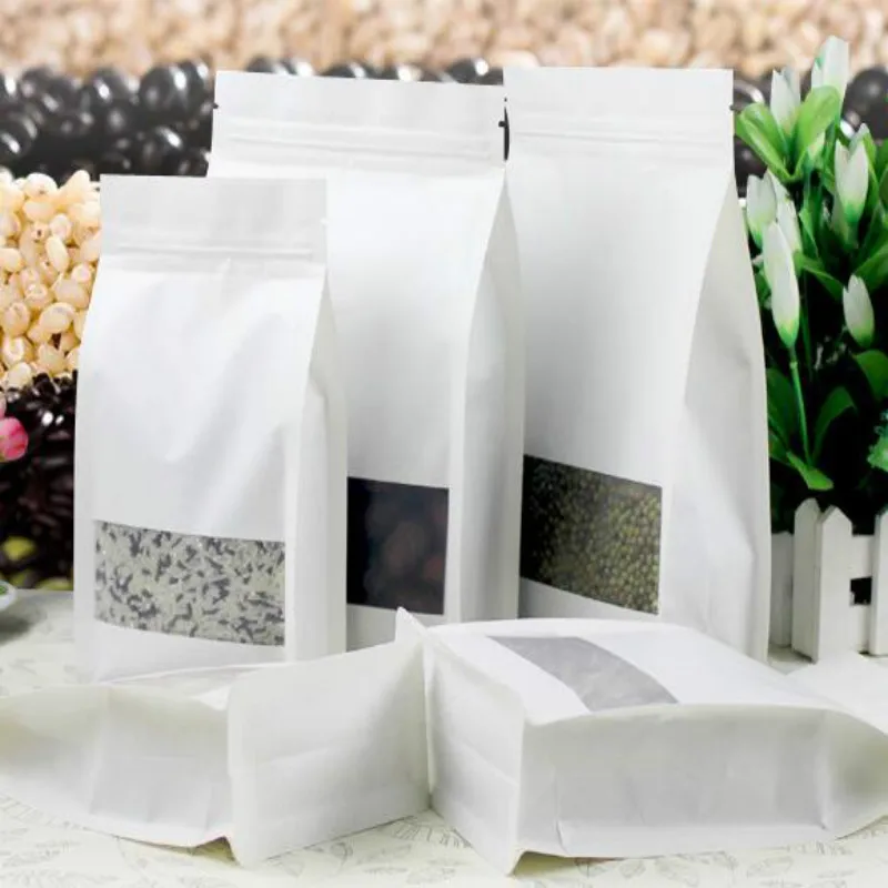 100pcs/lot White Packing Bag Zip Lock With Bottom And Side Front With Window Packages Stand Up Paper Bags 19041301