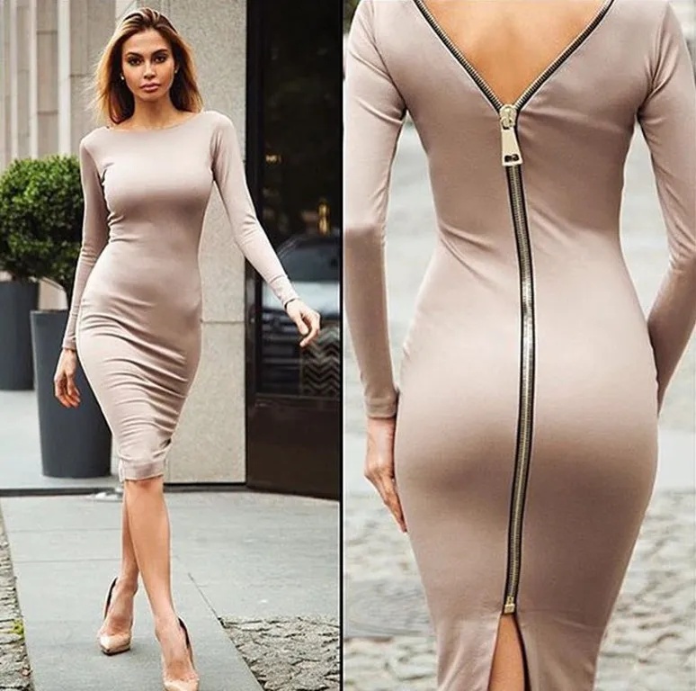 

Club Sexy Back with Zipper Knitted Long Sleeved Knee Dress Spot