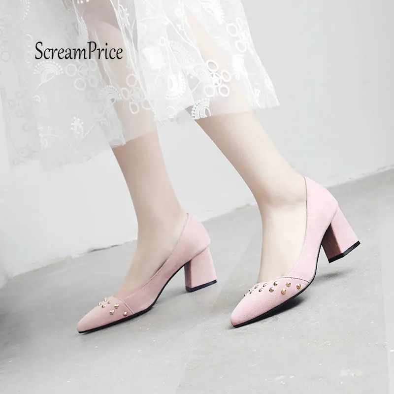 Flock Chunky High Heels Pointed Toe Rivet Dress Casual Pumps Women Spring Fall Shoes Black Pink Flock Chunky High Heels Pointed Toe Rivet Dress Casual Pumps Women Spring Fall Shoes Black Pink