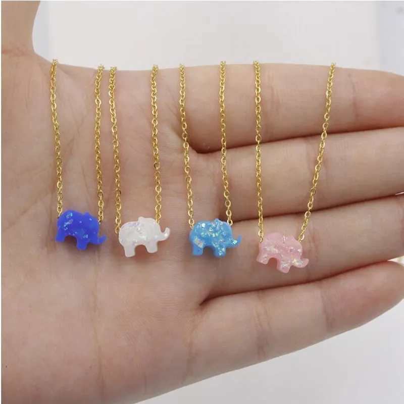 

Stainless Steel Chain Cute Animal Opal Elephant Charm Pendant Necklace Lovely Elephant Baby Clavicle Chain Necklace 1PCS