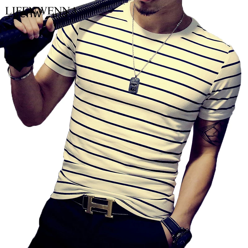 

New Men T Shirt 2019 Summer Fashion O-Neck Short-Sleeved Slim Fit Striped T-Shirt Man Casual Undershirt Top Tees Plus Size 5XL