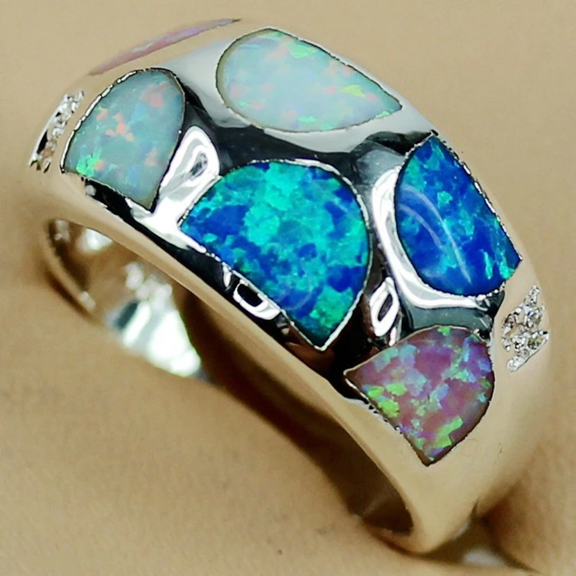 

Fleure Esme White blue pink mix opal Engagement Wedding rings jewelry for men and Noble women Rhodium plated R3572 size 6 7 8 9