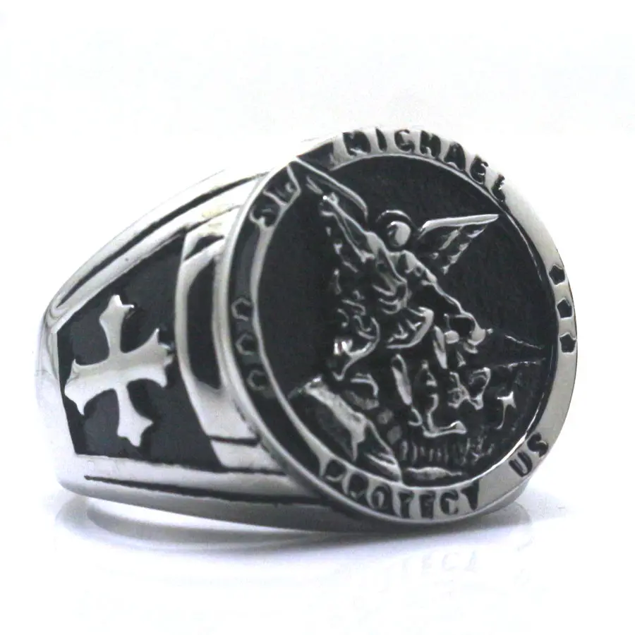 Men Boy Cross Saint Michael Protect US 316L Stainless Steel Cool Round Ring Newest Free Shipping Two Choices