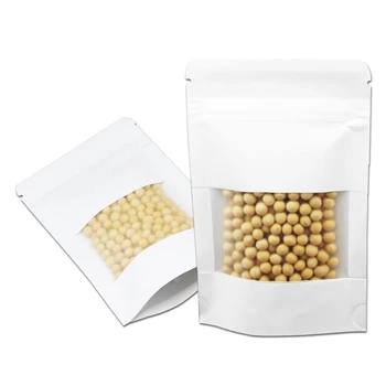 

100Pcs Stand Up White Kraft Paper Zip Lock Packaging Bags with Clear Window Self Sealing Food Storage Packing Pouches