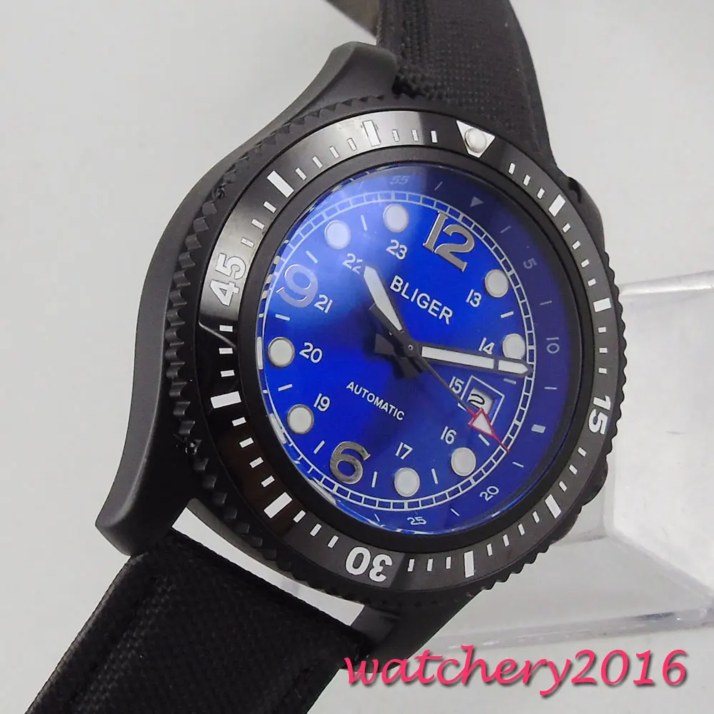 

NEW 44mm Bliger Blue Dial PVD Coated Rotating Black Ceramic Bezel Luminous Marks Luxury Brand Automatic Movement men's Watch