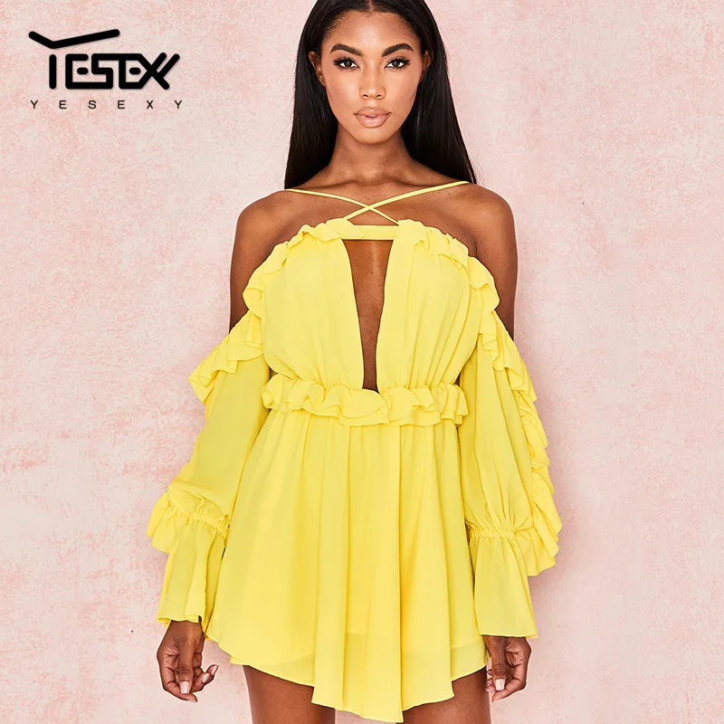 

Yesexy 2019 Summer Chiffon Ruffles Deep V Sexy Women Overalls Off the Shoulder Backless Solid Rompers Women Jumpsuit VR1156