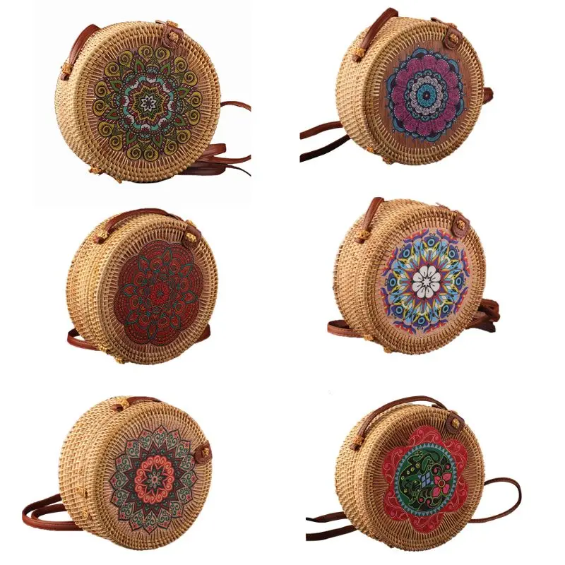 

Vintage Round Handmade Rattan Crossbody Shoulder Bag Straw Handbag Clutch Purse for Women Girls Beach Party Supplies 2019