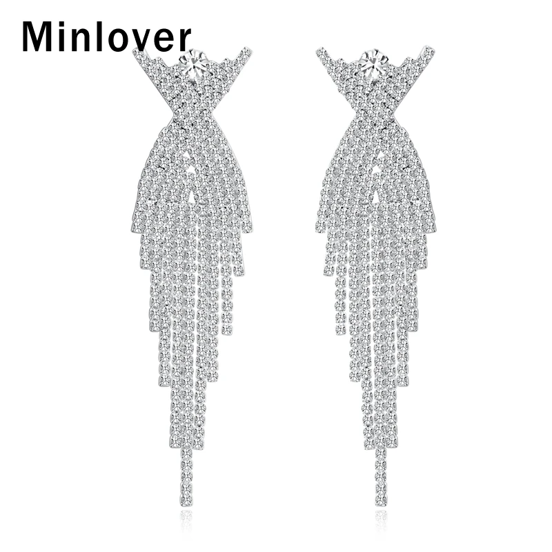 

Minlover Silver Color Big Tassel Pendant Bride Wedding Earrings for Women Rhinestone Statement Hanging Earrings Jewelry MEH1175