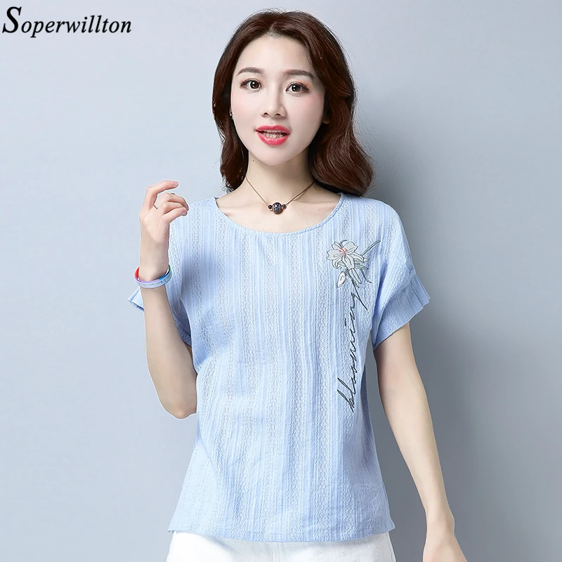2018 Mujer de algodón camisa de manga corta bordada camisas elegantes de mujer ropa femenina Top blanco azul Blusas AS9|Blusas y camisas| - AliExpress