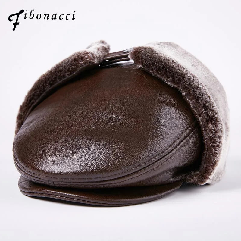 

Fibonacci Men's Newsboy Cap Cowhide Leather Hat Flat Protection Ear Flap Black Warm Winter Dad Hat