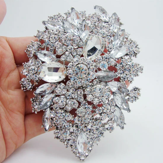 Bridal Romantic Fashion Clear White Crystal Rhinestone Dual Droplets Flower Art Nouveau brooch pins silver plate pendants