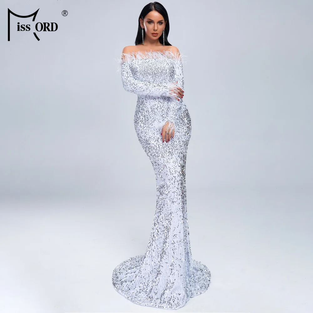 Najtaniej Missord 2019 kobiety Sexy Off Shoulder Feather z długim rękawem cekiny piętro długość wieczór Maxi odblaskowa sukienka Vestdios FT19005 1