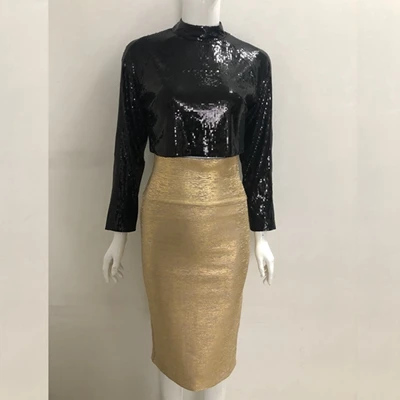 Новое Элегантное золотое и черное платье из 2 предметов с длинными рукавами и блестками, облегающее платье из разных материалов, сексуальное осеннее платье знаменитостей Vestidos - Цвет: top and skirt