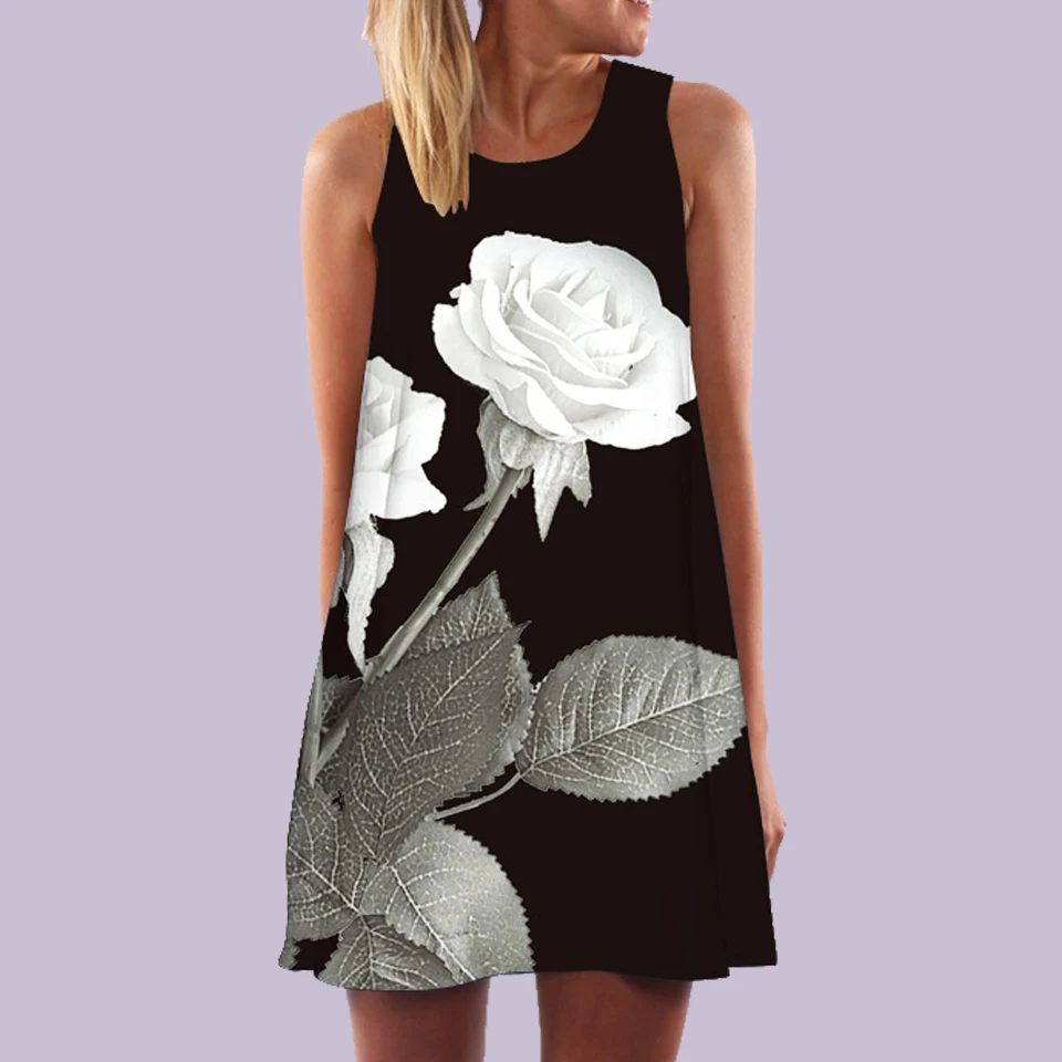 

3d Flower Dress Sukienka Rose Black Sleeveless Sundress Plus Size Digital Print A Line Womens Dress Loose Robe Femme Ete 2019