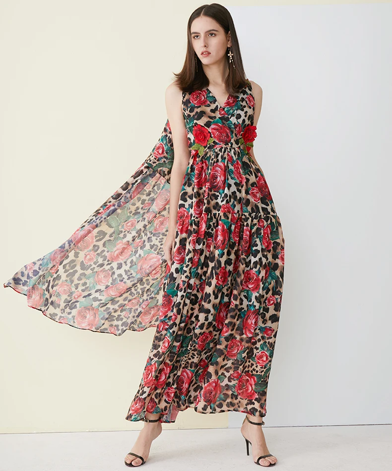 MoaaYina пикантные с леопардовым принтом платье-плащ v-образным вырезом Роуз аппликация вышивка Лето Для женщин платье отпуск элегантные макси