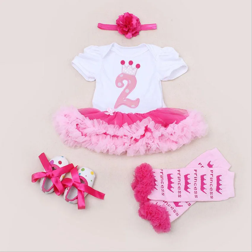 

4PCs per Set Baby Girls Birthday Party Dress 2Years Jumpersuit Headband Shoes Leggins