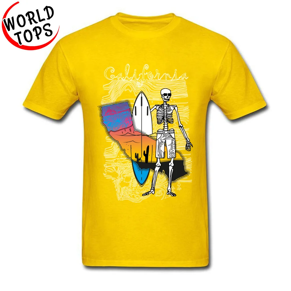 Map of California Surfing Skeleton Tshirts Dominant Short Sleeve Fitness Tight Cotton Crewneck Men T Shirt Tops Shirt Father Day Map of California Surfing Skeleton yellow