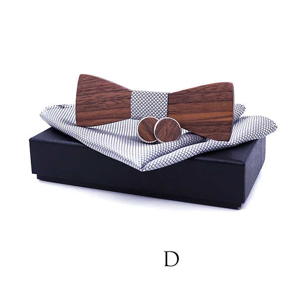  Fashion Wood Bowtie Handkerchief Cufflinks Sets for Mens Neckwear Accessories Wooden Bowtie Polyest