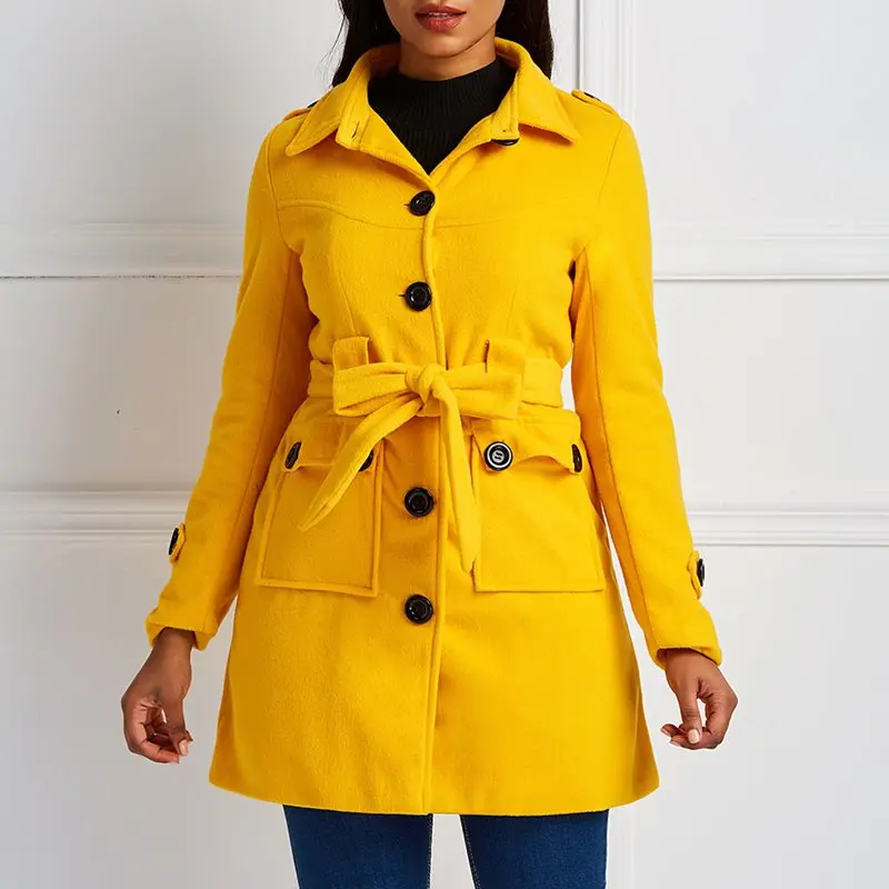 Зимнее повседневное теплое желтое пальто размера плюс, красное Женское пальто, тонкое пальто с отворотом, на шнуровке, на пуговицах, Осеннее офисное Женское пальто