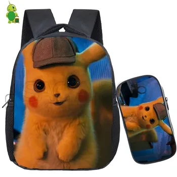 

2 Pcs/set Anime detective Pikachu Eevee Backpack for Girls Boys Pokemon Kids waterproof School Bags Pencil Case Teens Travel Bag