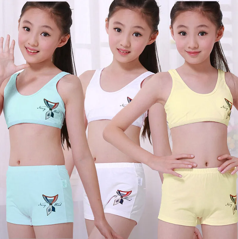 Children Underwear Set Kids Puberty Young girl student Bras 100% cotton underwear set with bra and boxers 7 to 15 years