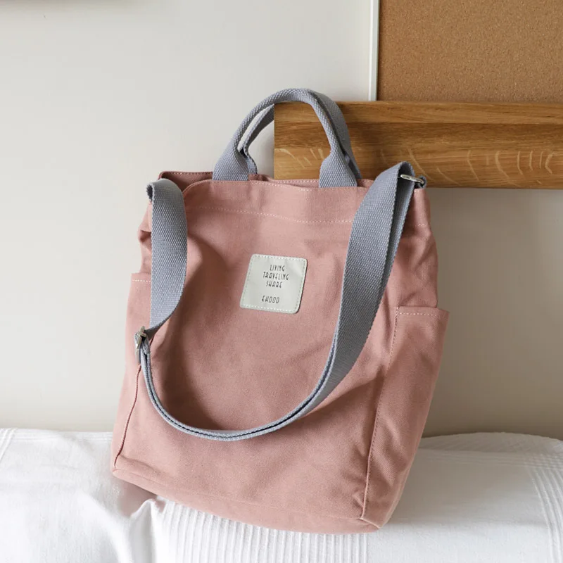 

2019 Brand Large Pocket Casual Tote Women's Canvas Handbag Shoulder Handbags Female Solid Pink Capacity Bags For Women