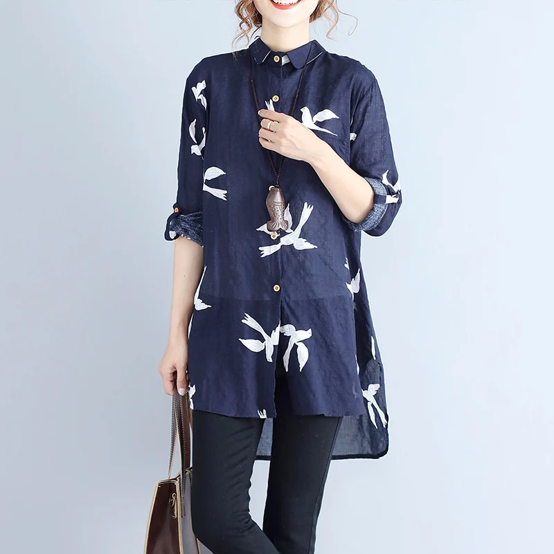 

#2920 Spring Vintage Animal Printe Loose Casual Plus Size Shirt Tunic Women Cotton Linen Tunic Blouses Female Loose Dovetail