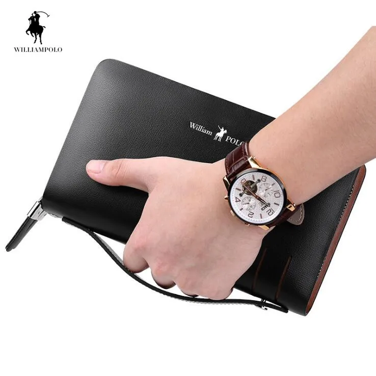 

WilliamPOLO Men Wallet Genuine Leather Double zipper Wallets Cowhide Business Large Clutch bag
