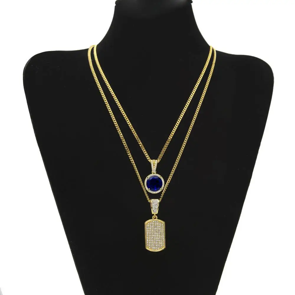 Для мужчин хип-хоп Bling, со стразами с двойной кулон Цепочки и ожерелья Dog Tag круг мини-камень кубинской Цепочки и ожерелья мужской женский комплект - Окраска металла: Gold Blue stone