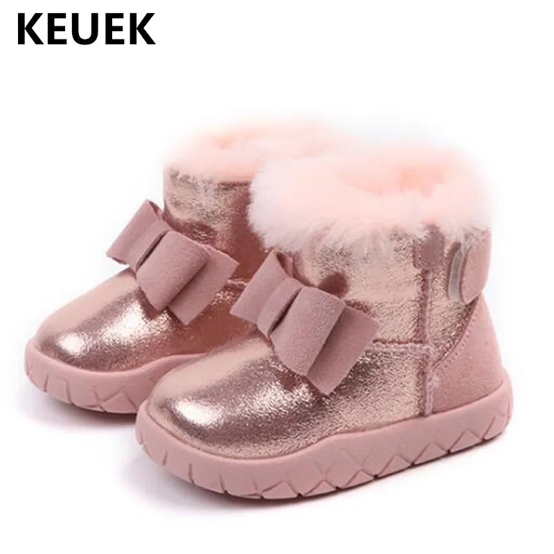 

New Winter Children Boots Baby Toddler Genuine Leather Snow Boots Girls Princess Thick Plush Butterfly-knot Warm Shoes Kids 041