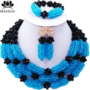 

Majalia Luxury Ladies African Jewelry Nigerian Wedding Set Black and Lake blue Crystal Necklace Bride Jewelry Sets 3WS004