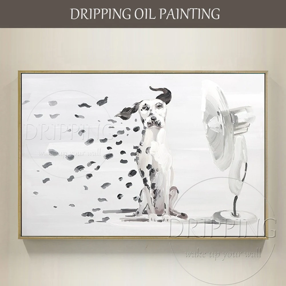 Artist Hand-painted Funny Design Dalmatian Oil Painting on Canvas Handmade Spotted Dog Blowing Fan Oil Painting for Living Room