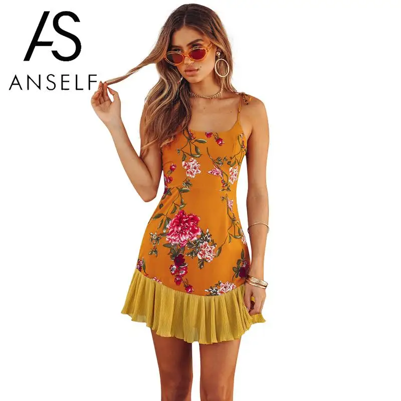 

Summer Sexy Women Floral Dress Spaghetti Strap Backless Pleated Hem Sleeveless Beach Mini Dress 2019 Sexy Holiday Slip Dress
