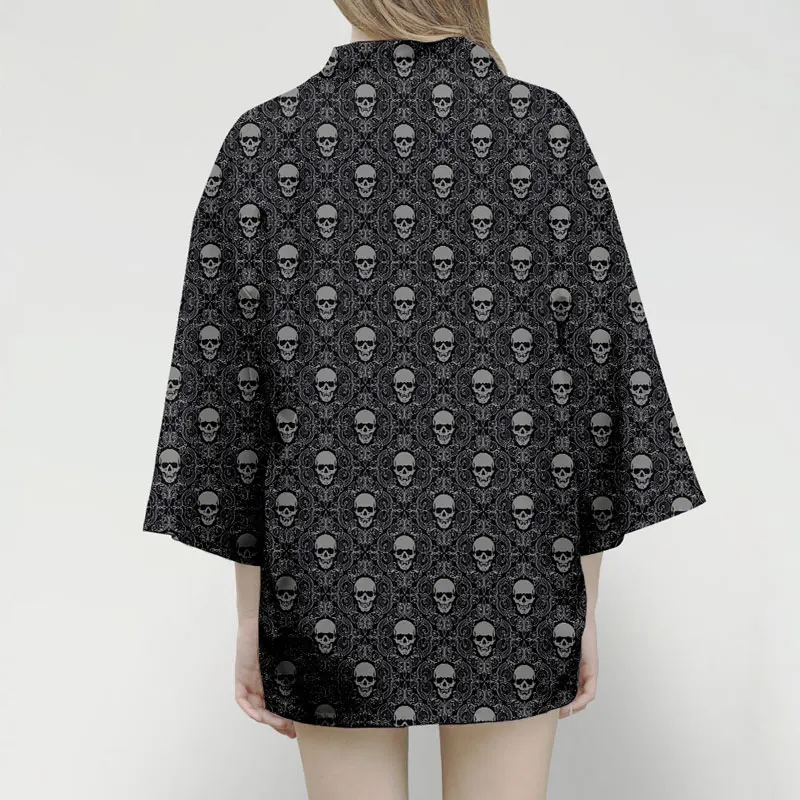 

Japanese Streetwear kimono shirt men/Women Summer Japanese Harajuku Horror Skull mens chiffon shirt Casual kimono Cardigan