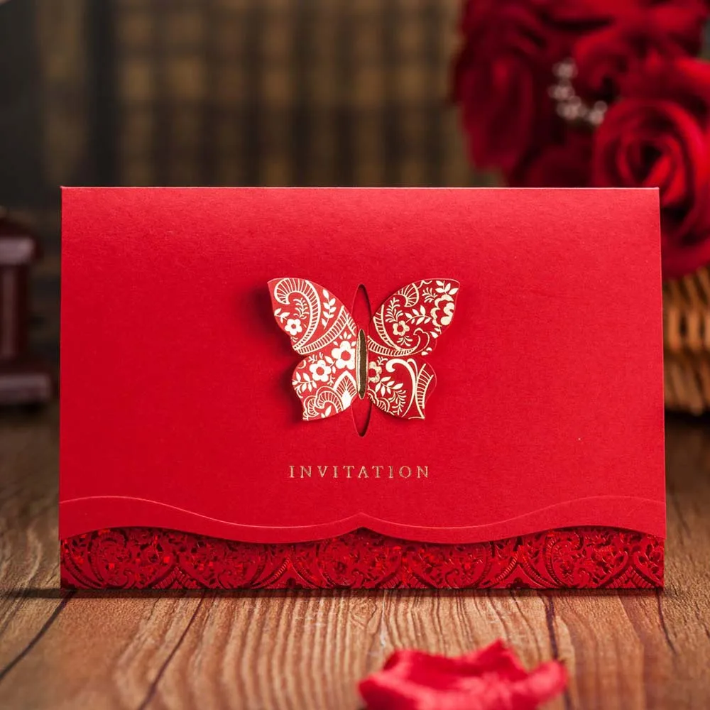 

1PCS Laser Cut Wedding Invitations with Butterfly Red Invite Cards for Engagement Graduation Bridal Shower