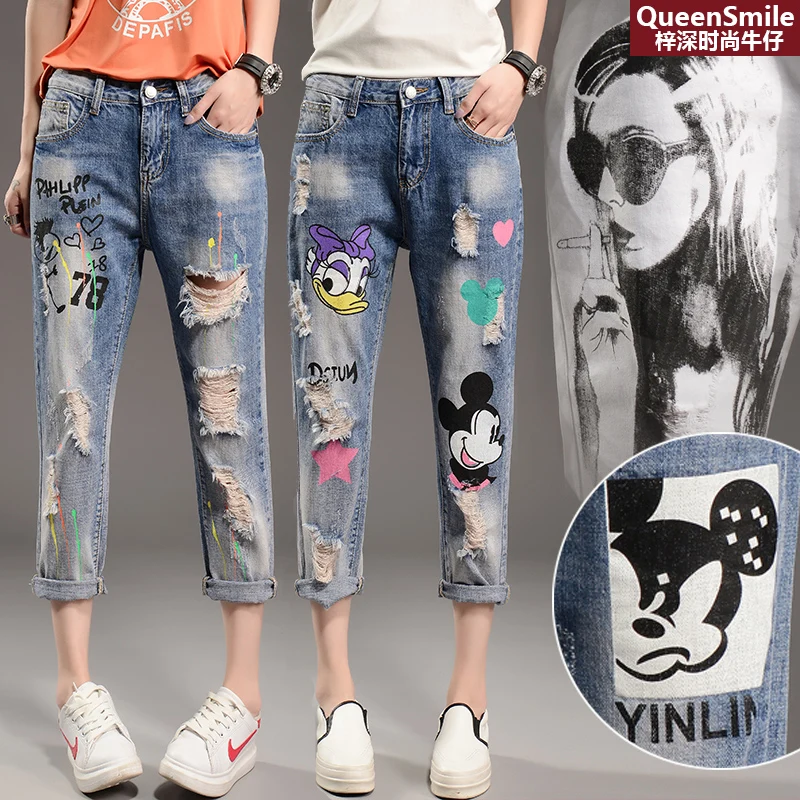 

Broken jeans cartoon printed beggar pants Women's spring and autumn button and zipper printing loose ripped pant