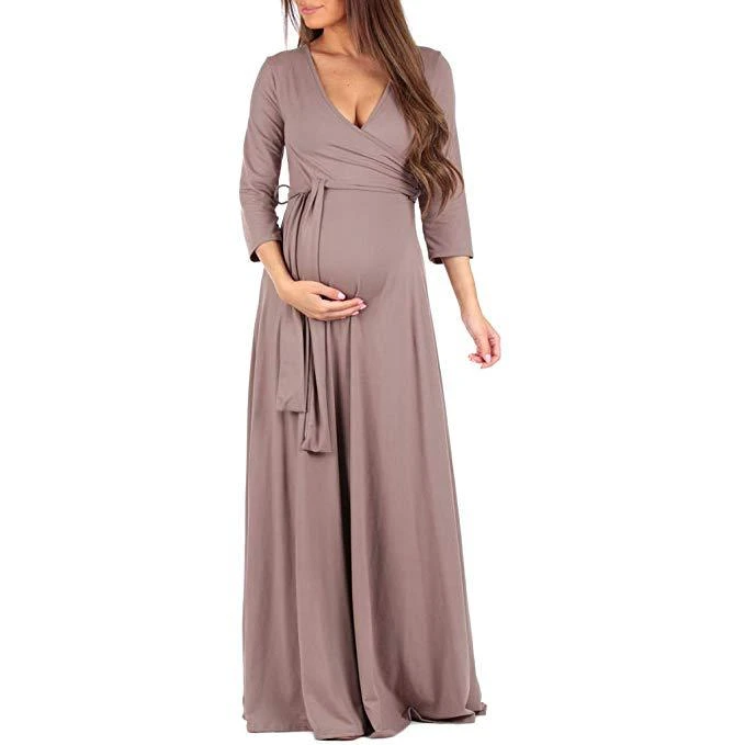 Opuesto pálido recibir Vestido largo plisado de maternidad con cuello en V profundo y mangas tres  cuartos para embarazadas, vestido de noche de boda, vestido de fiesta de  embarazo con cinturón|Vestidos| - AliExpress