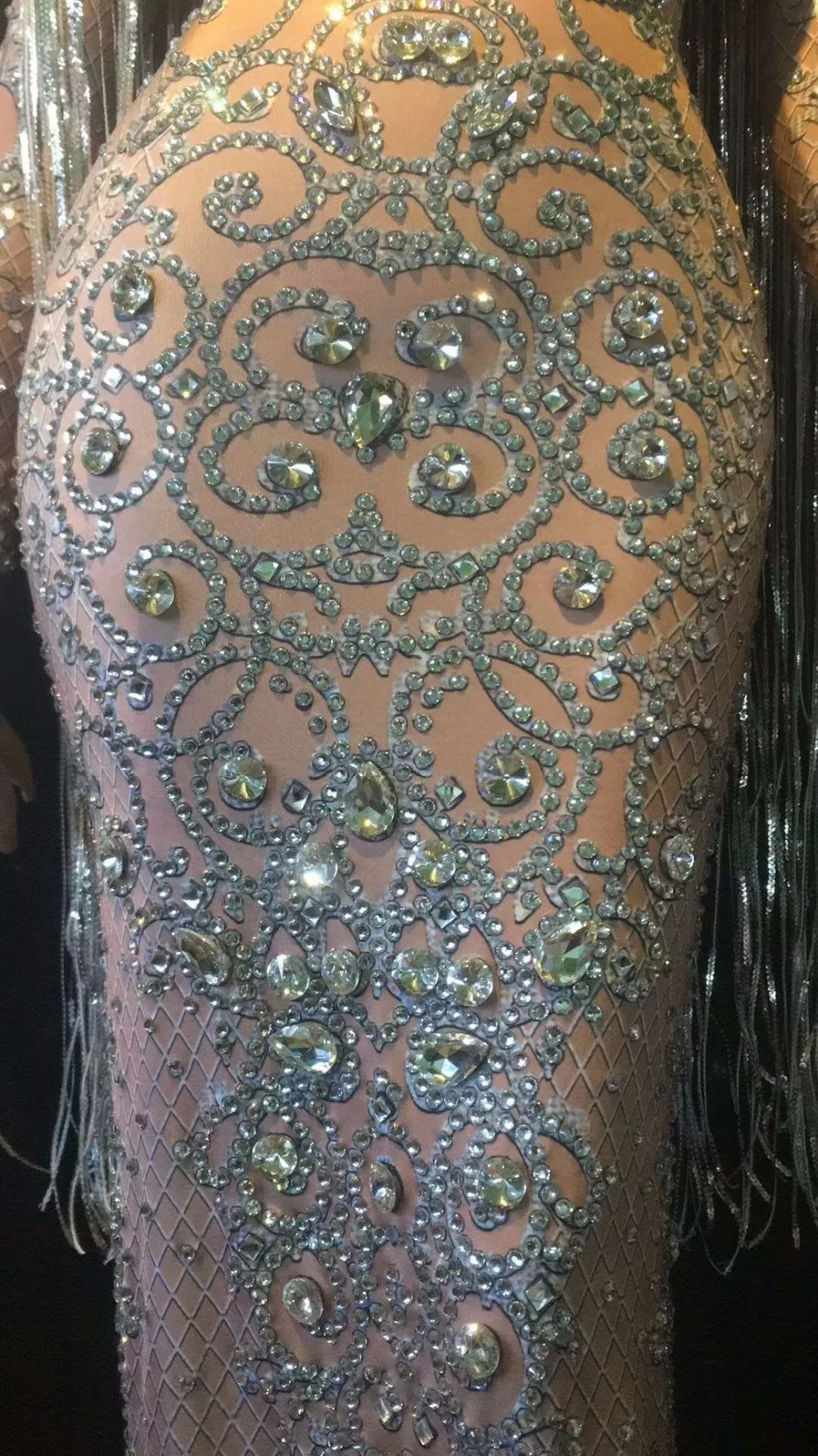 Модные Серебряные стразы кисточки с длинным рукавом облегающее платье леди певица женские вечерние хрустальные длинные платья сценический костюм DT950