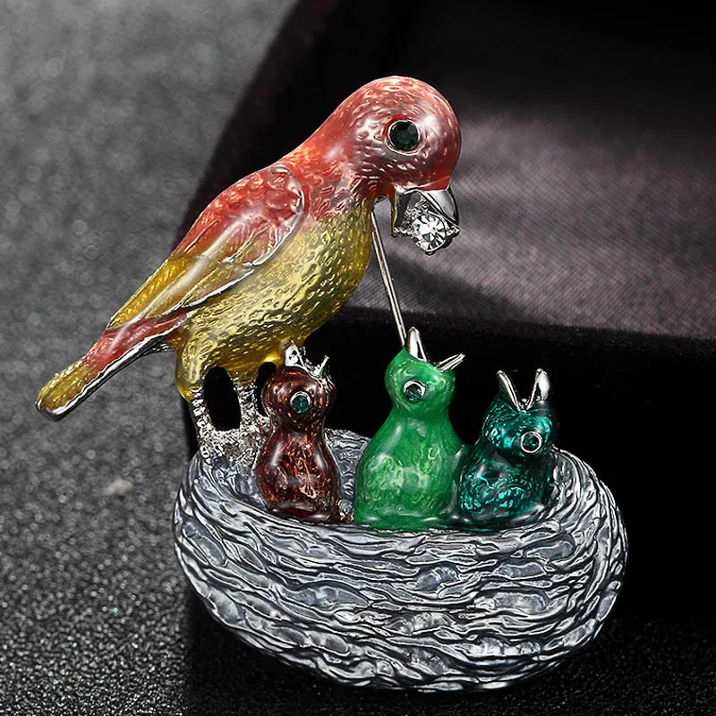 

cute Bird mother feed baby bird food cartoon brooch pin Fashion Women Party Scarf Pins Jewelry Brand Enamel Hijab Accessory