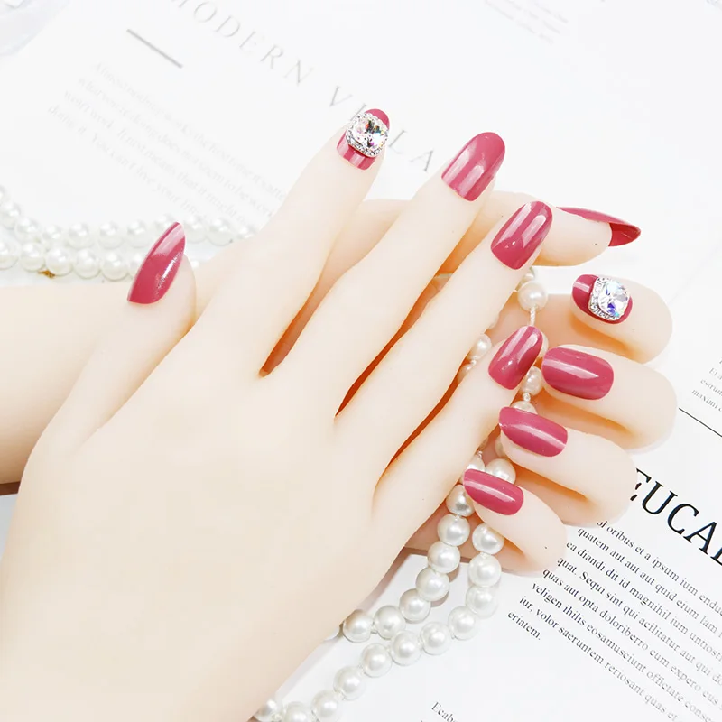 

Almond fake nails Fresh manicur Diy Nail Art Tip Accessory 24 PCS Medium length Bean paste gemstone press on nails with glue